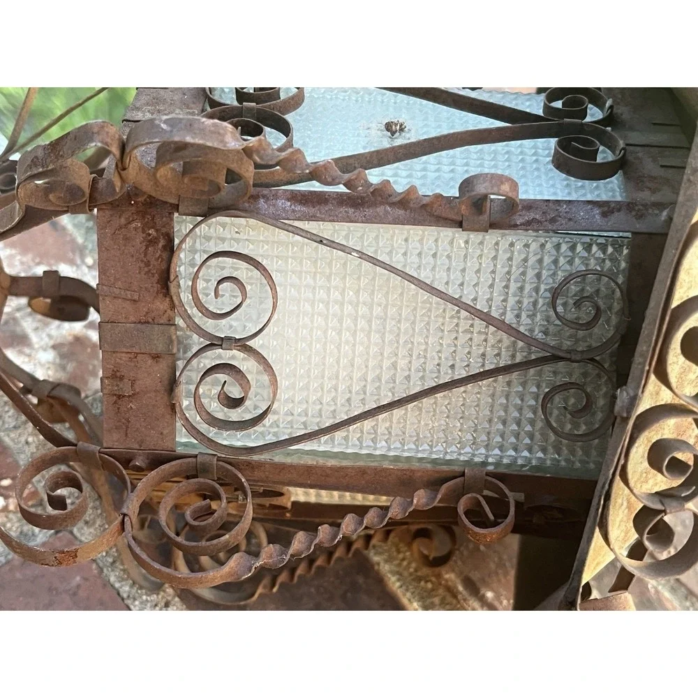 Vintage Spanish Revival Wrought Iron Outdoor Lantern Wall Bracket Scroll Glass